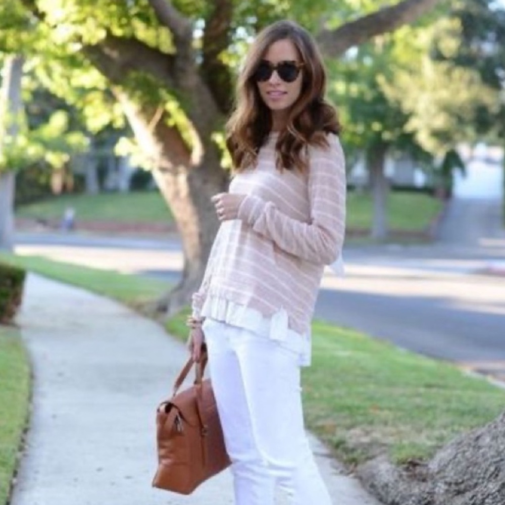 Clu + Willoughby Anthropologie Long Sleeve Lace Ruffled Tie Sweater Women S Tan
